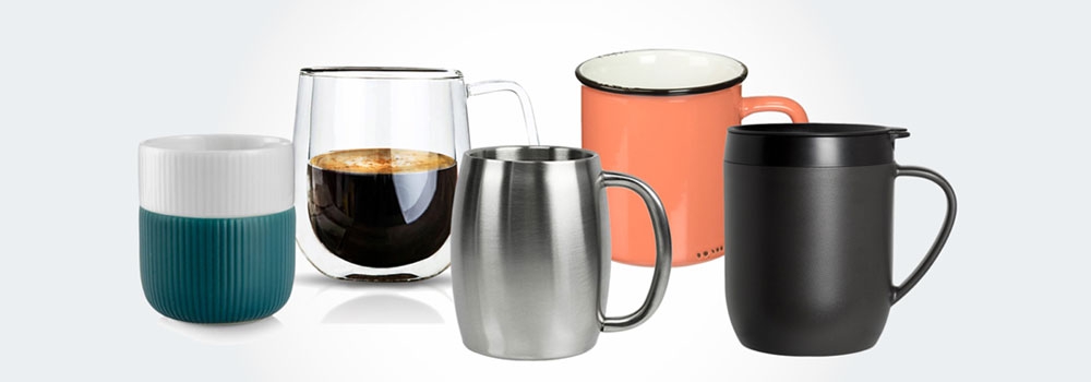 Custom ceramic mug collection with glass, stainless steel, and e